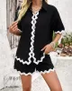 Loose Short Sleeves Split-Joint Lapel Blouse + Drawstring Elasticity Shorts Two Pieces Set