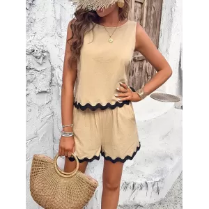 Loose Sleeveless Split-Joint Round-neck Vest + Wide Leg Shorts Two Pieces Set