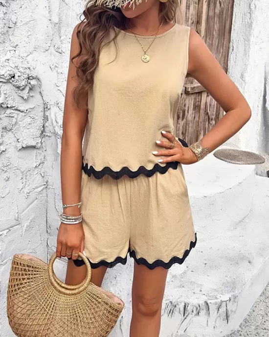 Loose Sleeveless Split-Joint Round-neck Vest + Wide Leg Shorts Two Pieces Set