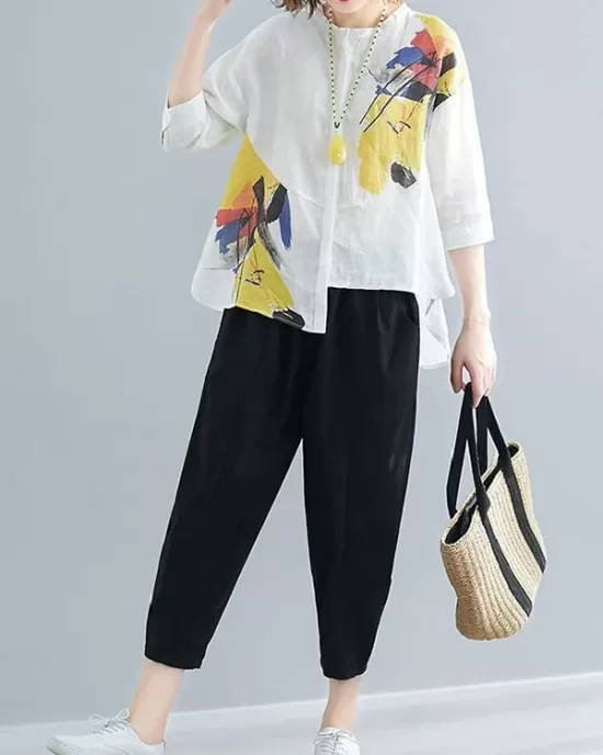 Printed Shirt + Solid Wide Leg Pants