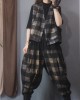 Vintage Plaid Letter Print Jean Pants Bottoms Vest Top Two Pieces Set