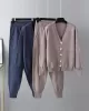 Casual Loose Solid Color V-Neck Cardigan Tops & Harem Pants Two Pieces Set