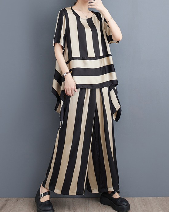 Striped Irregular clipping Loose Round-neck Two Pieces Set