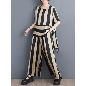 Striped Irregular clipping Loose Round-neck Two Pieces Set