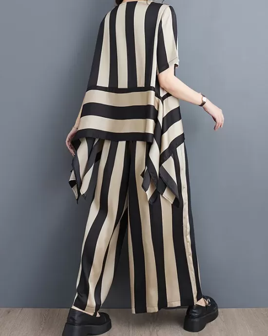 Striped Irregular clipping Loose Round-neck Two Pieces Set