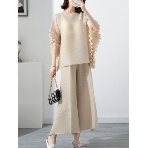 Casual Loose Pleated Solid Color Round-Neck T-Shirt Top&Wide Legs Pants Two Pieces Set