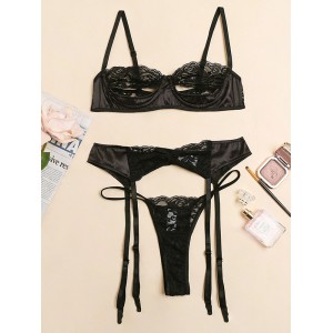 Sexy Lace See-Through Underwired Three-Piece Lingerie Set