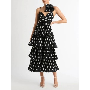 Layered Pleated Polka-Dot Ruffle Trim Split-Joint Three-Dimensional Flower Zipper High Waisted Sleeveless Spaghetti-Neck Midi Dresses