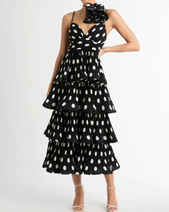 Layered Pleated Polka-Dot Ruffle Trim Split-Joint Three-Dimensional Flower Zipper High Waisted Sleeveless Spaghetti-Neck Midi Dresses