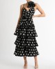 Layered Pleated Polka-Dot Ruffle Trim Split-Joint Three-Dimensional Flower Zipper High Waisted Sleeveless Spaghetti-Neck Midi Dresses