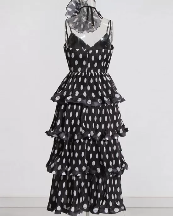 Layered Pleated Polka-Dot Ruffle Trim Split-Joint Three-Dimensional Flower Zipper High Waisted Sleeveless Spaghetti-Neck Midi Dresses