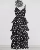 Layered Pleated Polka-Dot Ruffle Trim Split-Joint Three-Dimensional Flower Zipper High Waisted Sleeveless Spaghetti-Neck Midi Dresses