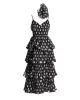 Layered Pleated Polka-Dot Ruffle Trim Split-Joint Three-Dimensional Flower Zipper High Waisted Sleeveless Spaghetti-Neck Midi Dresses