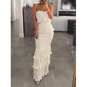 Elasticity Pleated Split-Joint Bodycon Sleeveless Tube Maxi Dresses