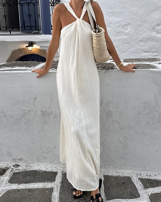 Pleated Solid Color Loose Sleeveless Spaghetti-Neck Maxi Dresses