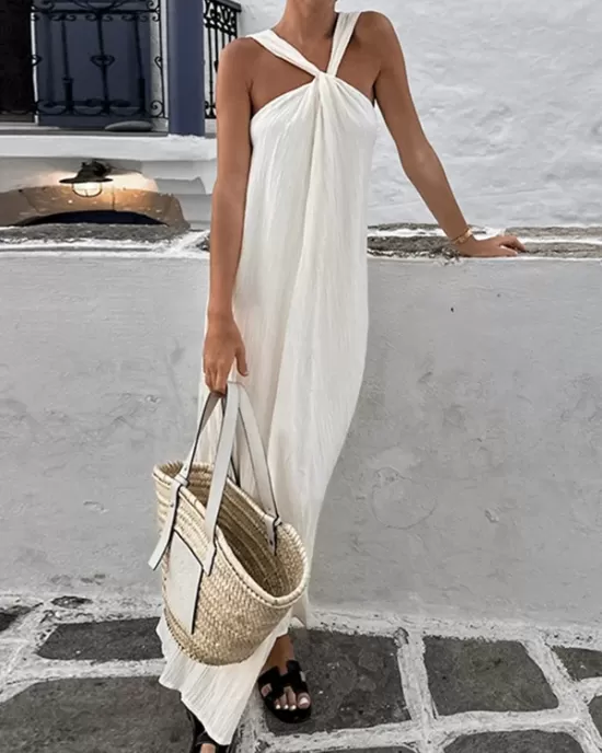 Pleated Solid Color Loose Sleeveless Spaghetti-Neck Maxi Dresses