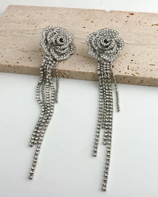 Flower Shape Rhine Stones Tasseled Drop Earrings