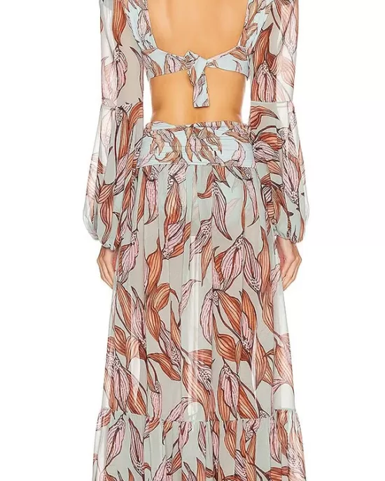 Floral-Print Bandage Puff Sleeves Asymmetric Bohemian Maxi Dress