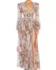 Floral-Print Bandage Puff Sleeves Asymmetric Bohemian Maxi Dress