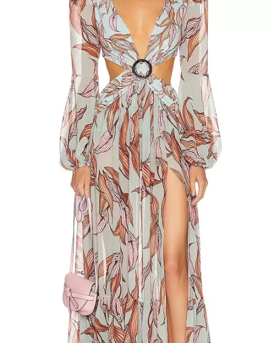 Floral-Print Bandage Puff Sleeves Asymmetric Bohemian Maxi Dress