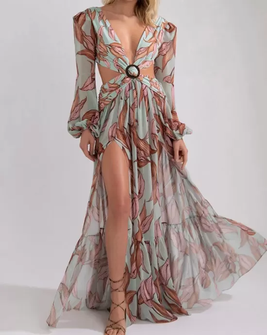 Floral-Print Bandage Puff Sleeves Asymmetric Bohemian Maxi Dress