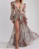 Floral-Print Bandage Puff Sleeves Asymmetric Bohemian Maxi Dress