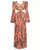 Floral-Print Bandage Puff Sleeves Asymmetric Bohemian Maxi Dress