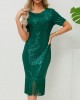 Sequined Shiny Solid Color Split-Joint Tasseled Bodycon Short Sleeves Round-Neck Midi Dresses