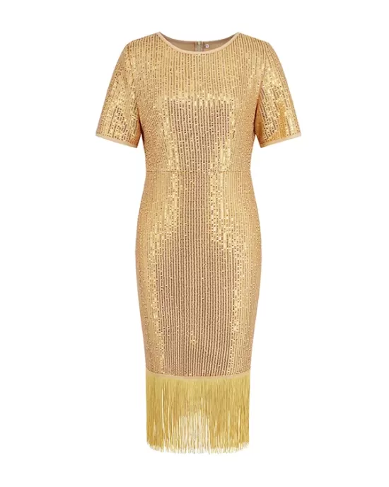 Sequined Shiny Solid Color Split-Joint Tasseled Bodycon Short Sleeves Round-Neck Midi Dresses