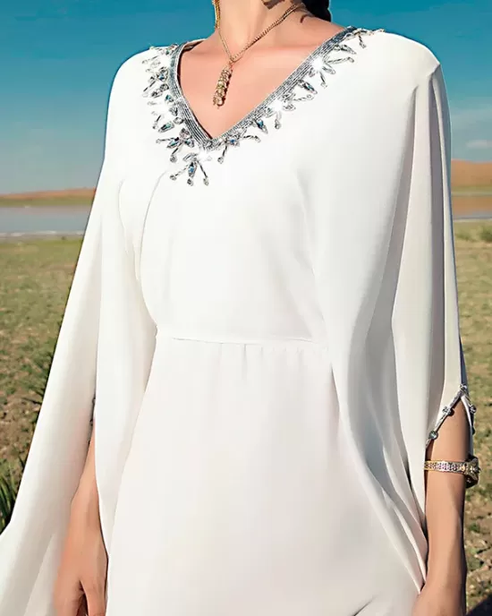 White V-Neck Evening Dress