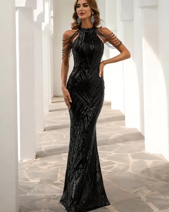 Evening Sleeveless Wrap Sequined Dress