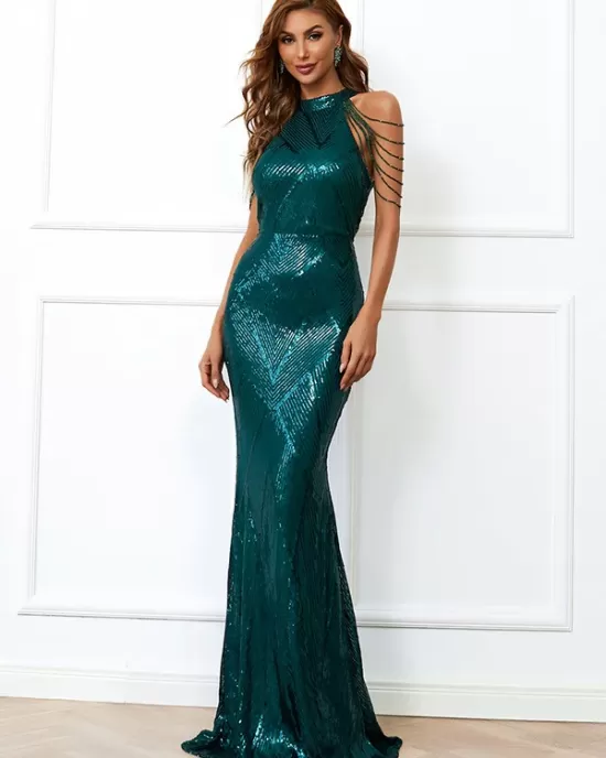 Evening Sleeveless Wrap Sequined Dress