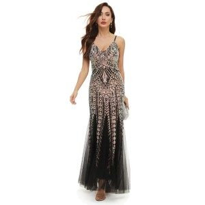 Evening Sleeveless Embroidered Solid Color V-Neck Maxi Dress