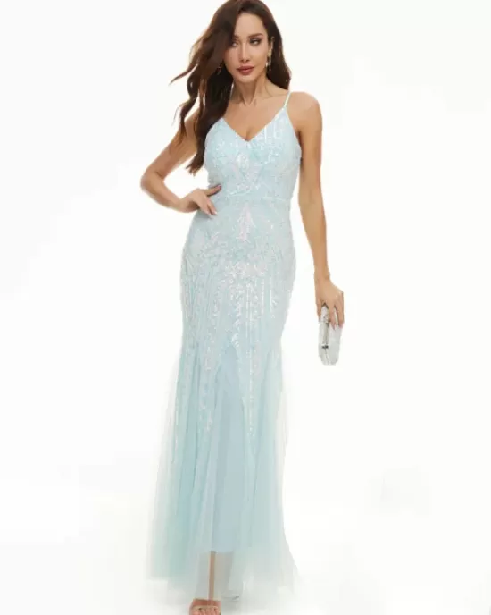 Evening Sleeveless Embroidered Solid Color V-Neck Maxi Dress