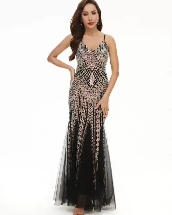 Evening Sleeveless Embroidered Solid Color V-Neck Maxi Dress