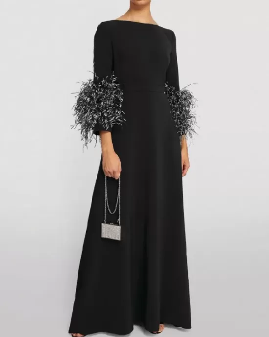 Elegant Simple Black And White Feather Long Sleeve Party Dress