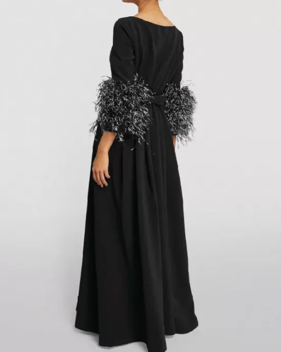 Elegant Simple Black And White Feather Long Sleeve Party Dress