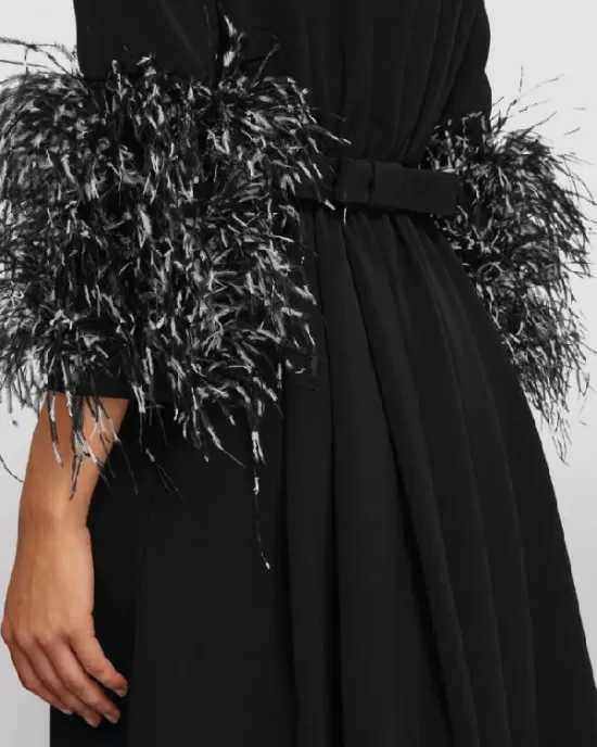 Elegant Simple Black And White Feather Long Sleeve Party Dress