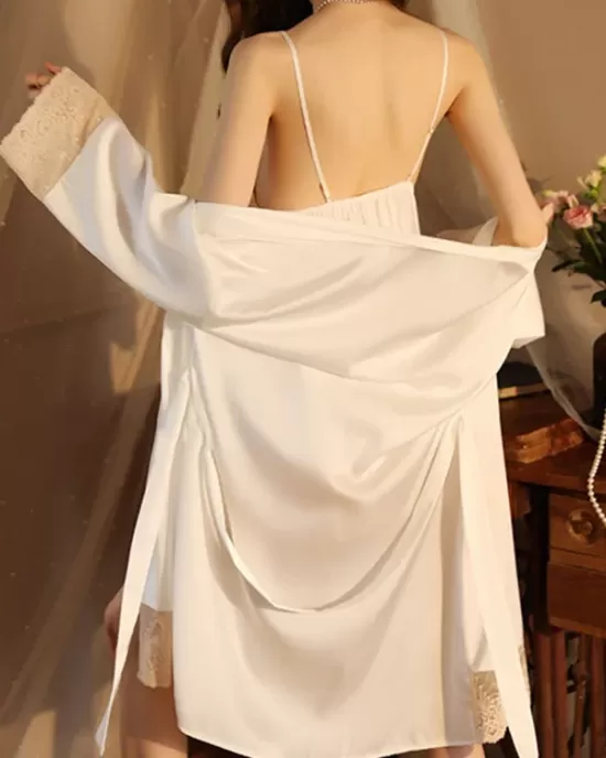 Breathable Flexible Smooth Split-Joint Long Sleeves Loose Deep V-Neck Robes