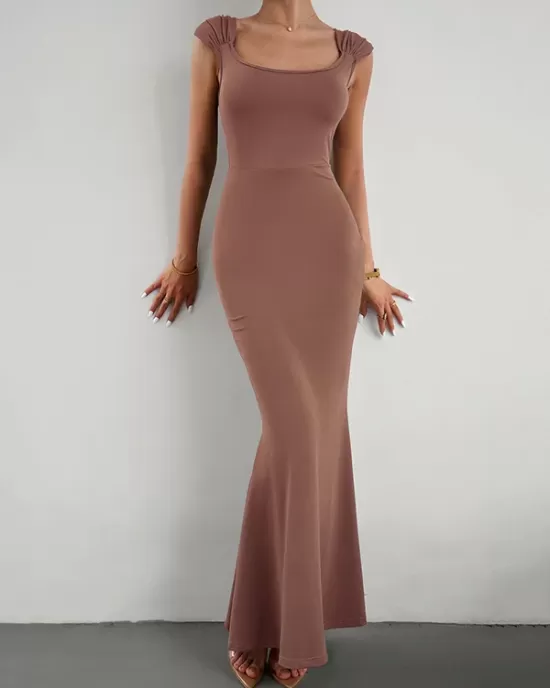 Solid Color High Waisted Mermaid Square-Neck Maxi Dresses