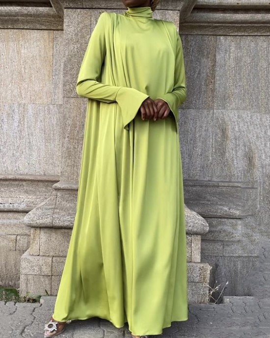 Solid Color Flared Sleeves Long Sleeves High-neck Maxi Dresses