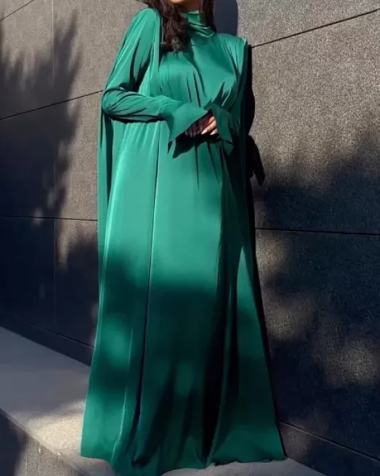 Solid Color Flared Sleeves Long Sleeves High-neck Maxi Dresses