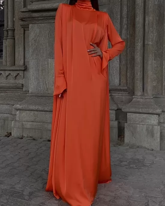 Solid Color Flared Sleeves Long Sleeves High-neck Maxi Dresses