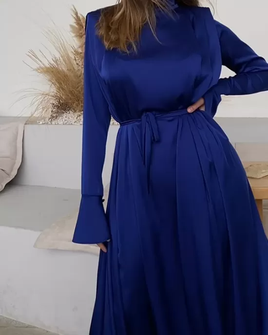 Solid Color Flared Sleeves Long Sleeves High-neck Maxi Dresses