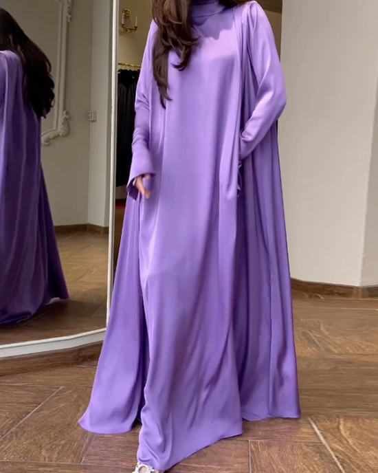 Solid Color Flared Sleeves Long Sleeves High-neck Maxi Dresses