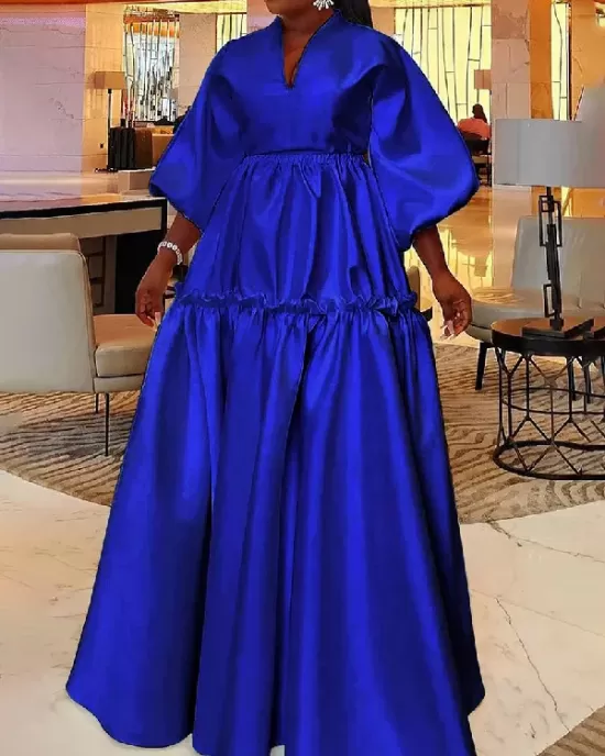 High Waisted Puff Sleeves Falbala Solid Color V-Neck Maxi Dresses