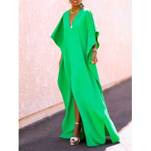 Batwing Sleeves Loose Solid Color Split-Side V-Neck Maxi Dresses