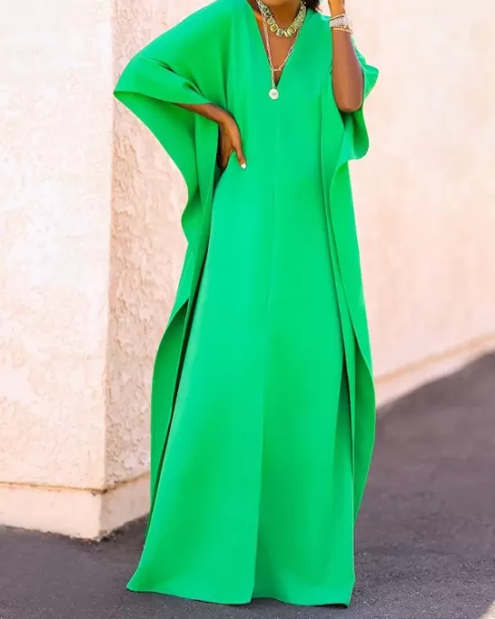 Batwing Sleeves Loose Solid Color Split-Side V-Neck Maxi Dresses