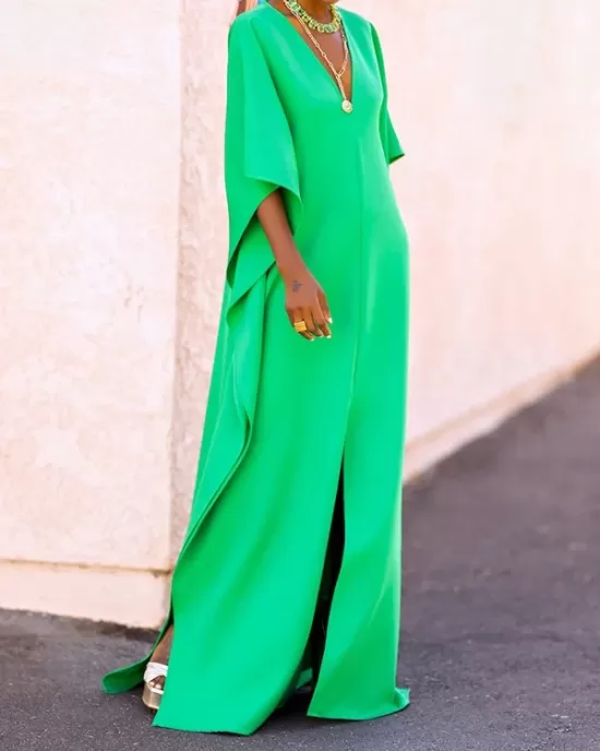 Batwing Sleeves Loose Solid Color Split-Side V-Neck Maxi Dresses