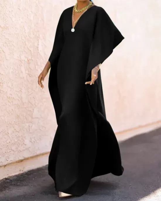 Batwing Sleeves Loose Solid Color Split-Side V-Neck Maxi Dresses